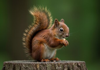 Obraz premium Cute red squirrel eating nut on a tree stump wildlife photography