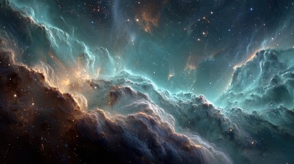Naklejka premium Celestial expanse shows glowing clouds, stars, and teal sky creating cosmic scene