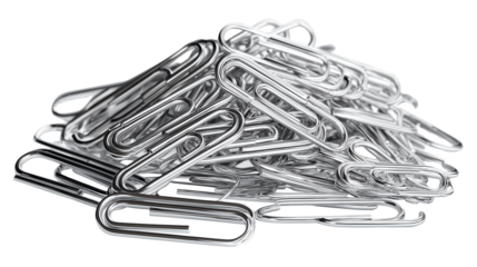 Pile of paperclips in metallic silver, realistic isolated PNG