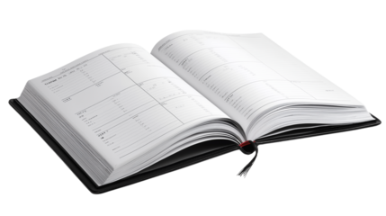 Open planner notebook with calendar pages visible, isolated on white