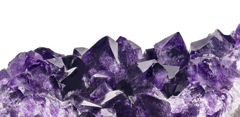 dark violet large crystals of amethyst on white background