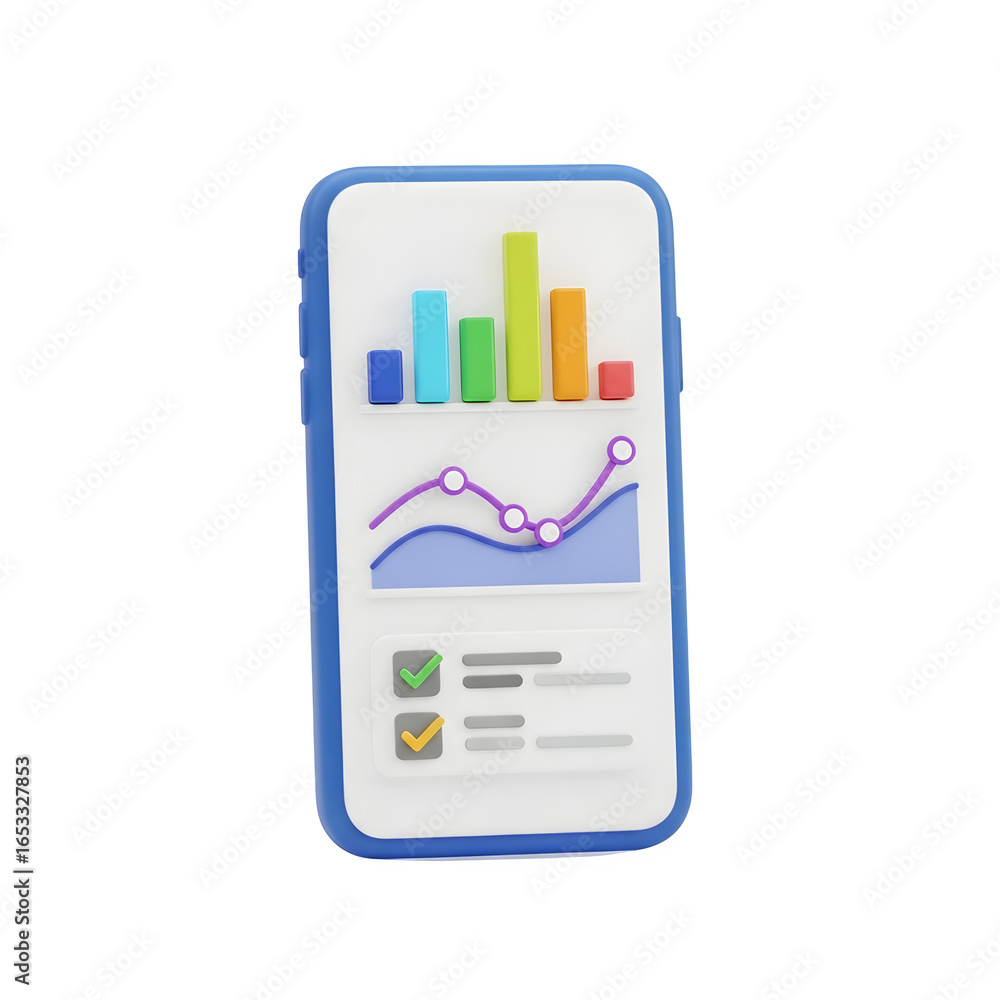Poster 3d icon of mobile phone displaying financial analytics with charts and graphs, isolated on transpare