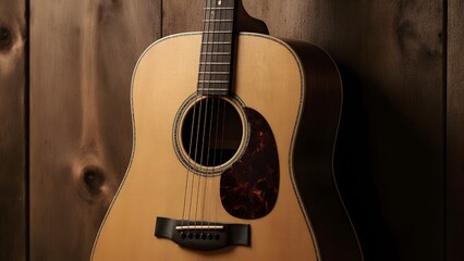 Fototapeta premium an acoustic guitar leaning against a wooden wall