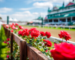 Vibrant red roses blooming along a wooden fence at a horse racing track on a sunny day