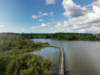 The Crabtree Creek greenway trail over water, part of the extensive walking and biking path system in Raleigh North Carolina