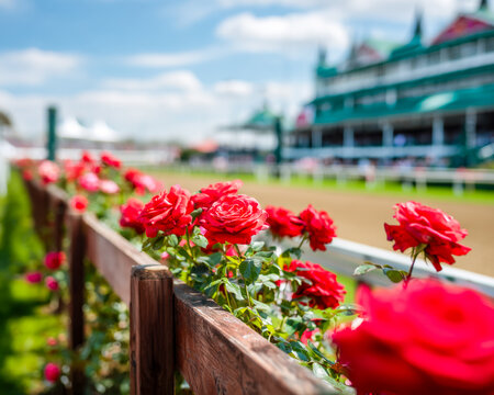 Vibrant red roses blooming along a wooden fence at a horse racing track on a sunny day - Powered by Adobe