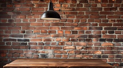 brick loft wall with a rustic wooden table placed near the bottom edge, an elegant industrial-style