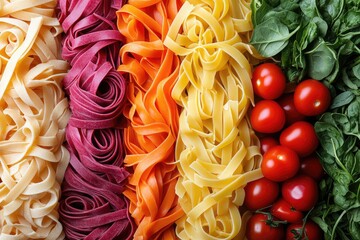 Colorful pasta primavera. Top view, product photography style, food. Fresh vegetables and pasta, healthy eating