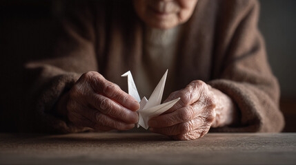 Elderly hands carefully hold a paper crane. Symbolizing hope, peace, healing, and longevity. Gentle lighting highlights detail. Evokes empathy, heritage and tradition.