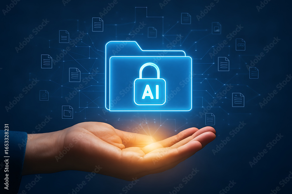 Poster a human hand holds a glowing blue folder with a padlock icon, symbolizing secure data and artificial