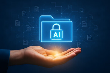A human hand holds a glowing blue folder with a padlock icon, symbolizing secure data and artificial intelligence privacy in the digital age