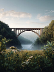 Fototapeta premium Majestic bridge arches over a misty river valley, framed by lush greenery. Evokes serenity, nature, and architectural grandeur. Ideal for travel, infrastructure, or scenic backgrounds.