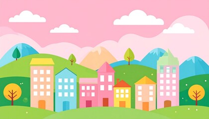 Pastel-colored town landscape with hills and mountains.  A peaceful scene