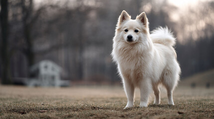 Obraz premium Elegant fluffy white dog portrait on grass, gazing intently. Evokes loyalty and companionship. Ideal for pet care, lifestyle, or nature themes. Serene.