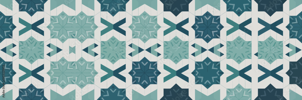 Poster geometric tile pattern featuring teal and white colors in an intricate star and cross design layout