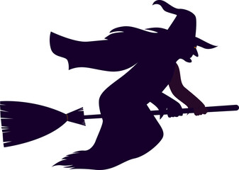 Silhouette of a witch flying on a broomstick, Halloween themed, dark figure, spooky, fantasy.