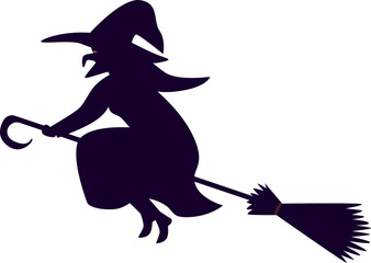 Silhouette of a witch flying on a broomstick, depicted with a pointed hat and flowing gown, against a white background.