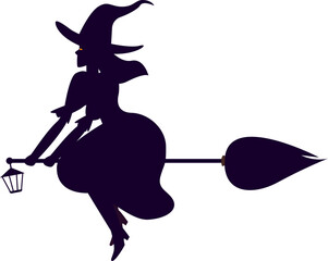 Silhouette of a witch flying on a broomstick, holding a lantern aloft.