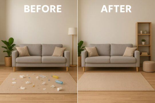 Cleaning service transforming messy living room into clean and tidy space