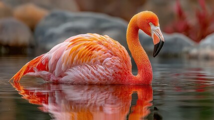 Obraz premium One flamingo standing in a shallow pool of water with tall grasses at sunset