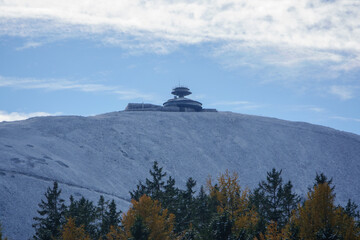 autumn landscape. view of peak of Mount Snezka in snow. Krkonose mountains, Karpacz, Poland