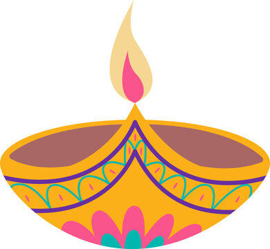 A vibrant illustration of a traditional oil lamp with a burning flame, brightly colored.