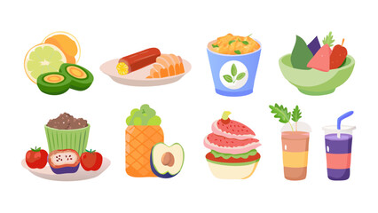 Illustration of various food items including fruits, desserts, and beverages in vibrant colors