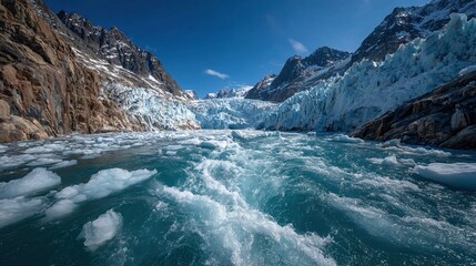 Glacial melting with dramatic ice breakage and meltwater streams, ideal for climate crisis, sea level rise, and global warming stock