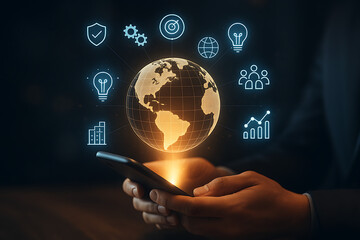 Hand holding a phone with a glowing globe hologram surrounded by digital business icons representing global business and technology