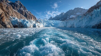 Glacial melting with dramatic ice breakage and meltwater streams, ideal for climate crisis, sea level rise, and global warming stock