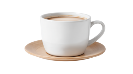 White coffee mug with steam, realistic office prop, isolated PNG