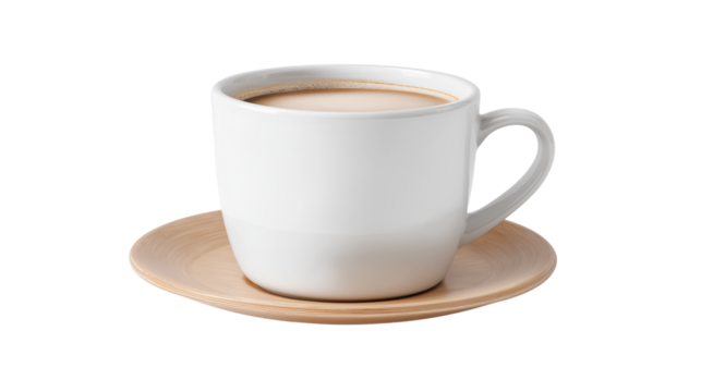 White coffee mug with steam, realistic office prop, isolated PNG