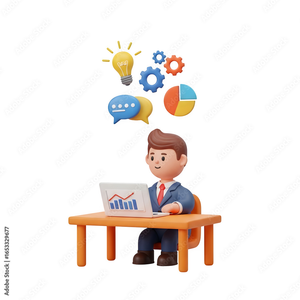 Poster 3d icon of man working on laptop with business icons like lightbulb, gears, and charts symbolizing s