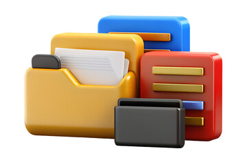 Photo of group of colorful folders with papers, isolated on transparent background