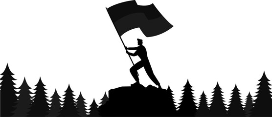 A striking silhouette of a person standing triumphantly on a mountain peak, holding a large flag, with a dense forest of pine trees in the background.