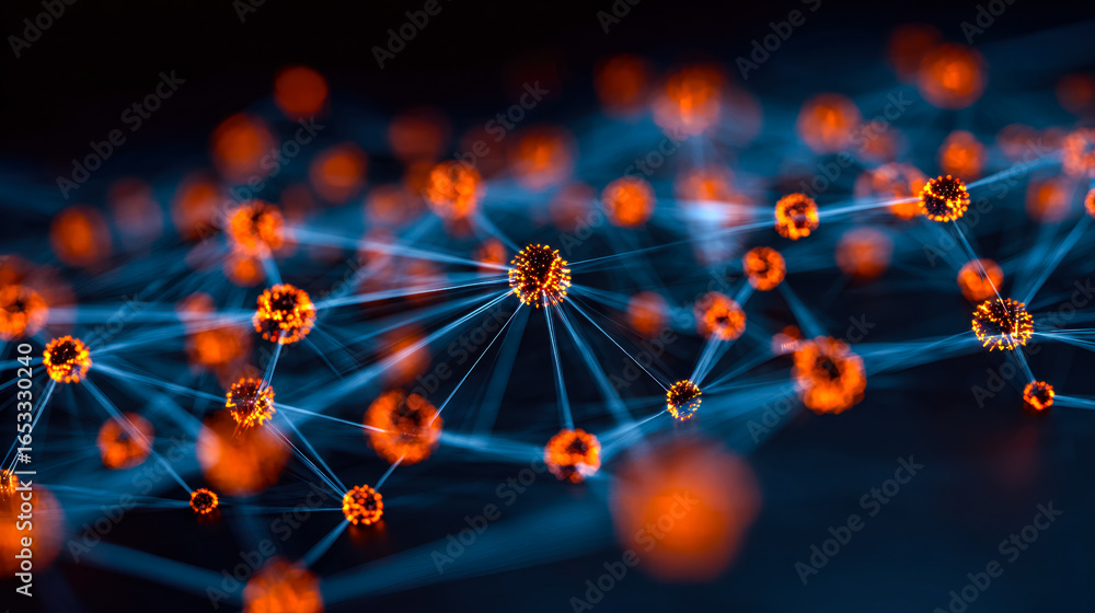 Poster visualization of a complex digital network with interconnected glowing nodes and pathways