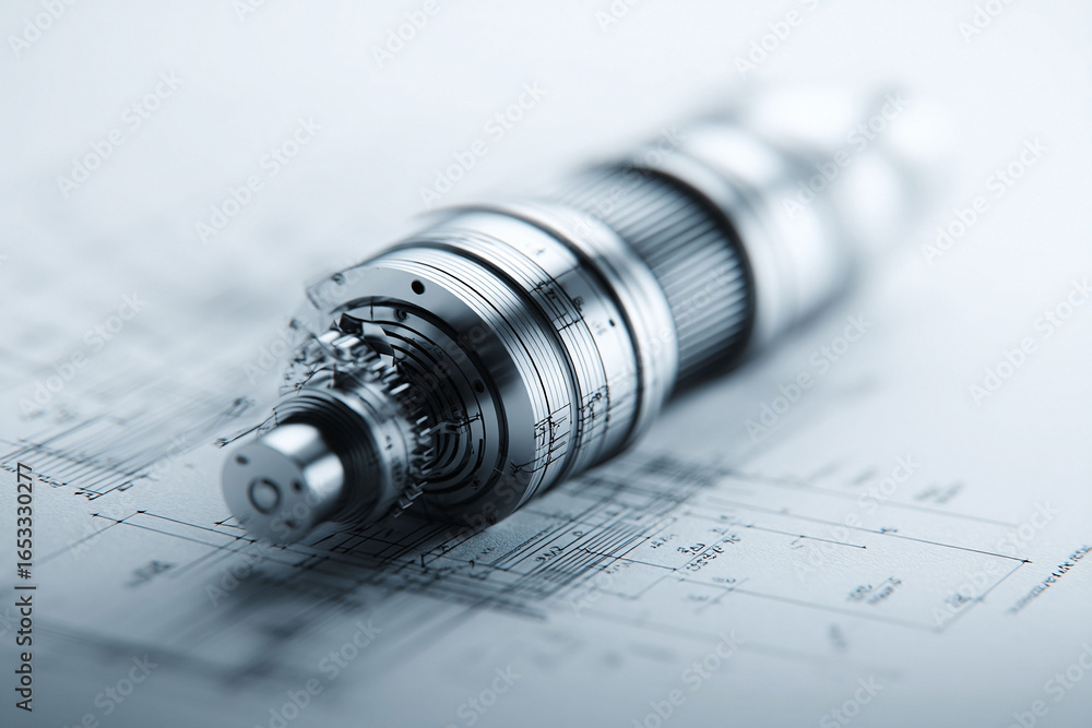 Poster precision engineering concept. shiny, complex metal mechanism with gears on technical blueprint. rep