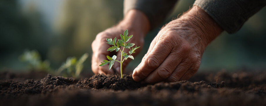 Fototapeta A closeup shot showcasing hands carefully planting a seedling in fertile soil. Symbolizing growth, nurturing, and new beginnings. Perfect for themes of sustainability, farming, or hope.