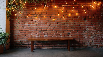 red brick loft wall, warm yellow string lights elegantly draped along the upper part of the wall, cozy cafe vibe, empty space for text overlay, soft natural lighting