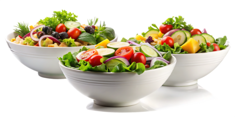  a set of three yummy salad bowls isolated on white background png, ai generated