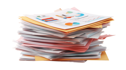 Stack of business documents with charts and graphs, realistic paper texture, isolated PNG