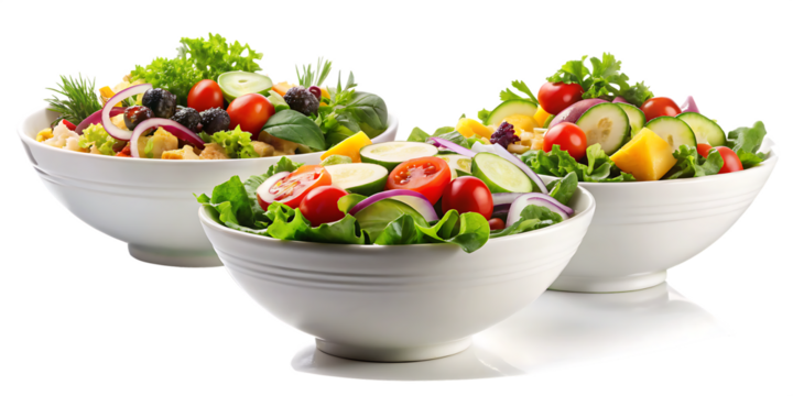 a set of three yummy salad bowls isolated on white background png, ai generated
