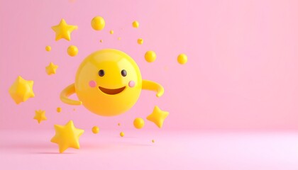 Cute, floating smiley face surrounded by stars and bubbles on a pastel pink background