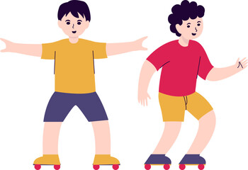 Two cartoon boys practice roller skating, one balancing with arms outstretched and the other skating forward.