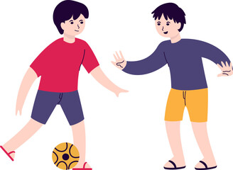 Obraz premium Two boys playfully interacting, one kicking a ball, friendship, joyful activity.