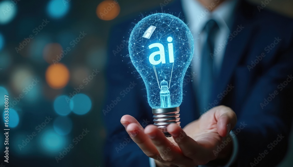 Poster businessman holds glowing ai lightbulb artificial intelligence impact on future technology. digital 