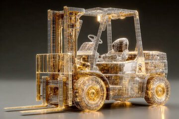 Digital rendering of a forklift truck with glowing wireframe design