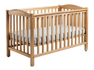 Wooden baby crib with mattress isolated on transparent background