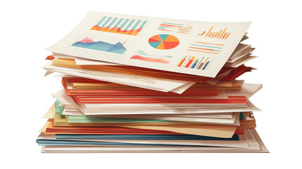 Stack of business documents with charts and graphs, realistic paper texture, isolated PNG