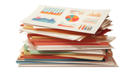 Stack of business documents with charts and graphs, realistic paper texture, isolated PNG